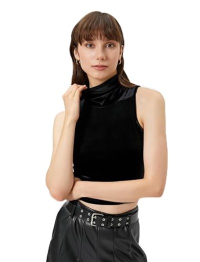 Balıkçı Yaka Bluz Crop Kolsuz Kadife