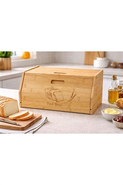 Bambu Ekmek Kutusu, Doğal Bambu Malzeme, Sürgülü Kapak, Kesim Panolu Dekoratif Tasarım, 40x25x15 cm, Dikdörtgen