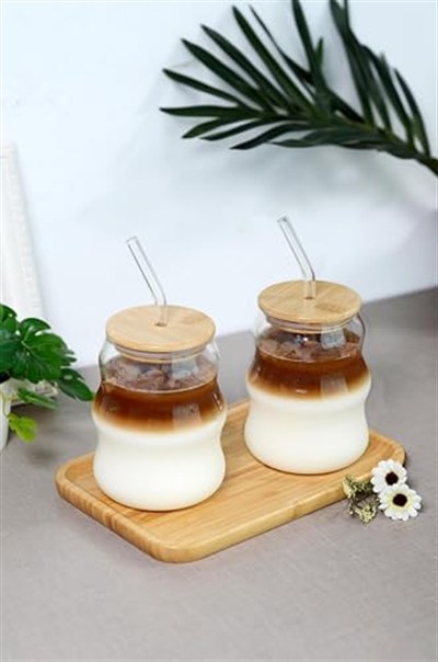 Bambu Kapaklı Cam Pipetli 450 ml Borosilikat Bardak