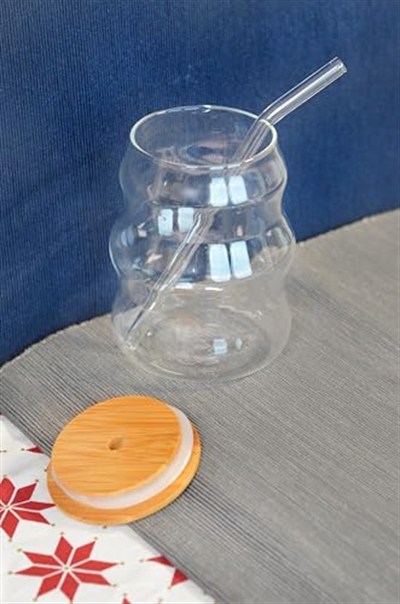 Bambu Kapaklı Cam Pipetli 450 ml Borosilikat Bardak