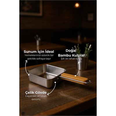 Bambum Cesta Bambu Saplı Çelik Sunum Tavası Kare Küçük
