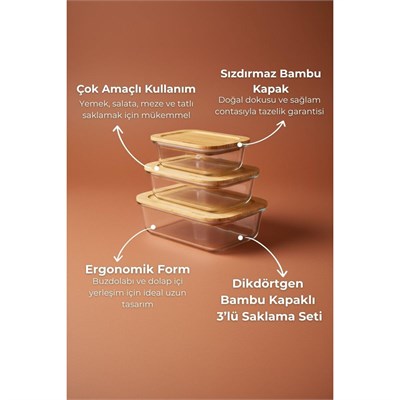 Bambum Lavi Dikdörtgen 3lü Set Bambu Saklama Kapları