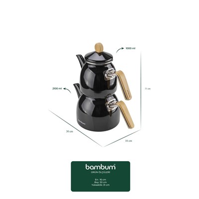 Bambum Sultan Bambu Kulplu Emaye Çaydanlık Takımı Siyah