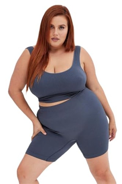 Banega Curve Kadın Büyük Beden Fitilli Yüksek Bel Toparlayıcı Örme Biker Şort Kısa Kahverengi Tayt-1