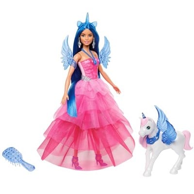 Barbie, 65. yıla özel, mavi saçlı, pembe elbiseli bebek ile safir kanatlar gibi aksesuarlar, HRR16