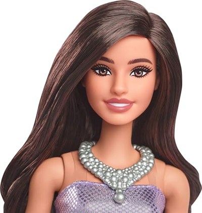 Barbie Büyüleyici Parti Bebekleri - Mor Metalik Elbiseli Esmer Payetli mor elbisesi ve gümüş rengi aksesuarlarıyla kahverengi saçlı Barbie Fashionistas bebek (234) HYT92