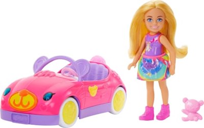 Barbie Chelsea Araç Barbie Chelsea araç seti, sarışın küçük bebek, oyuncak araba ve ayıcık aksesuarı HXN05