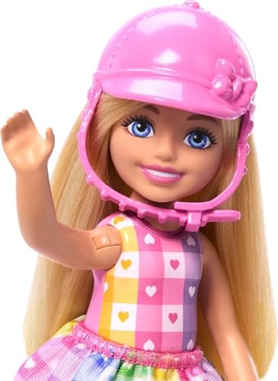 Barbie Chelsea™ Bebek ve Midilli Barbie Chelsea bebek ve oyuncak at seti, kask aksesuarı dahildir, bebeğin dizleri midilliye binmek için bükülebilir HTK29