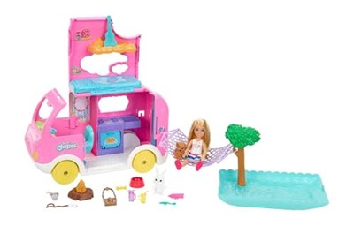 Barbie Chelseanin Yeni Karavanı, Chelsea bebek, 2 hayvan figürü ve 15 aksesuar içerir, araç kamp alanına dönüşür, HNH90