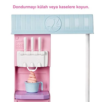 Barbie Dondurma Dükkanı Oyun Seti Barbie Dondurma Dükkanı Oyun Seti, 30 cm sarışın bebek, dondurma yapabilme özelliği ve gerçeğe uygun oyun aksesuarları HCN46