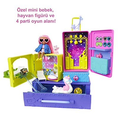 Barbie Extra Mini ve Hayvan Dostlarının Seyahat Maceraları Oyun Seti, 2 yavru köpek ve Barbie Extra mini bebek, havuz, kaydırak, parti salonu ve aksesuarlar, 3 yaş ve üzeri HDY91