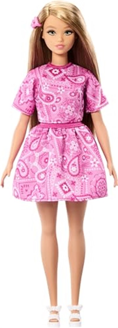 Barbie Fashionistas Style Pop No. 249 sarı saçlı, pembe şal etek, pembe şal desenli gömlek, platform tabanlı beyaz sandalet, JJN62
