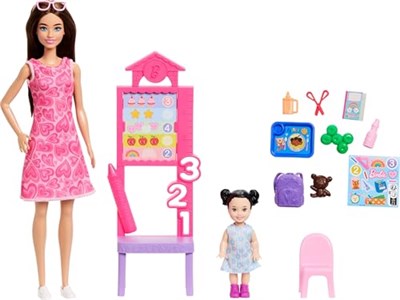 Barbie Kariyer Bebekleri öğretmen oyun seti, çıkarılabilir elbise giyen bebek, küçük çocuk figürü, sınıf tahtası ve aksesuarlar, JMK16
