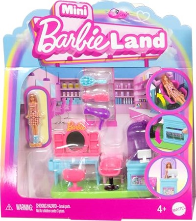 Barbie Mini BarbieLand koleksiyona uygun oyun seti, 4 cmlik bebek, aynalı kuaför tezgahı, şampuan bölümü ve hikaye anlatımına yönelik karşılama masası ile Kuaför Salonu, JCR32