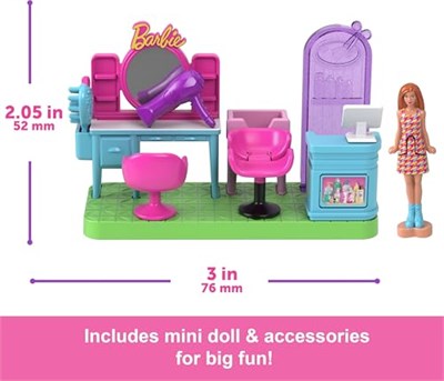 Barbie Mini BarbieLand koleksiyona uygun oyun seti, 4 cmlik bebek, aynalı kuaför tezgahı, şampuan bölümü ve hikaye anlatımına yönelik karşılama masası ile Kuaför Salonu, JCR32