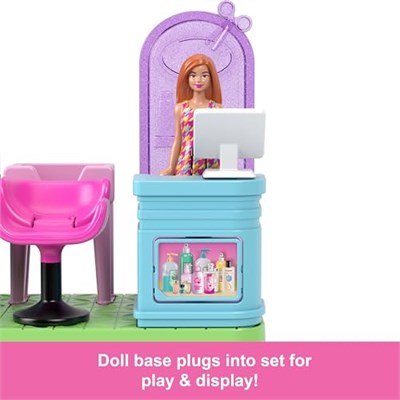 Barbie Mini BarbieLand koleksiyona uygun oyun seti, 4 cmlik bebek, aynalı kuaför tezgahı, şampuan bölümü ve hikaye anlatımına yönelik karşılama masası ile Kuaför Salonu, JCR32