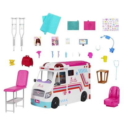 Barbie oyuncakları, ışıklı, sesli ve 20den fazla aksesuar içeren dönüşen ambulans ve klinik oyun seti, Barbienin Yeni Ambulansı, HKT79