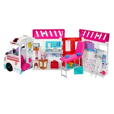Barbie oyuncakları, ışıklı, sesli ve 20den fazla aksesuar içeren dönüşen ambulans ve klinik oyun seti, Barbienin Yeni Ambulansı, HKT79