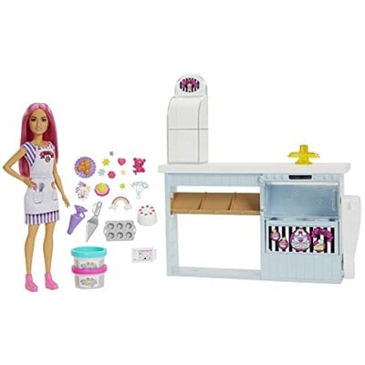 Barbie Pasta Dükkanı Oyun Seti ve Pembe Saçlı 30 cm Minyon Bebek, Fırın Standı, Pasta Yapma Özelliği, 20den Fazla Oyun Parçası, 3 Yaş ve Üzeri için (HGB73)