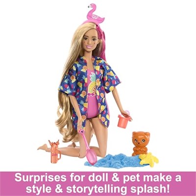 Barbie Pop Reveal bebek ve aksesuarları; kokulu bebek, yumuşacık evcil hayvan, renk değişimi özelliği ve şekillendirilebilir kum gibi 15ten fazla sürpriz içeren Sürprizli Bardak Oyun Seti, HRK57
