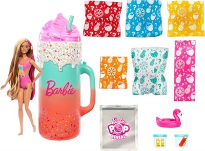 Barbie Pop Reveal bebek ve aksesuarları; kokulu bebek, yumuşacık evcil hayvan, renk değişimi özelliği ve şekillendirilebilir kum gibi 15ten fazla sürpriz içeren Sürprizli Bardak Oyun Seti, HRK57