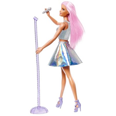 Barbie Pop Yıldızı Bebek ve mikrofon Parlak etek giyen, pembe saçlı, 3-7 yaş arası için hediye, JCW42
