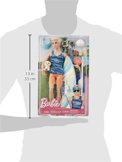 Barbie Sörf tahtası ile Ken bebek, Bükülebilir Sarışın Barbie, Havlu gibi Temaya Uygun Aksesuarlarıyla Ken Plaj Bebeği, HPT50