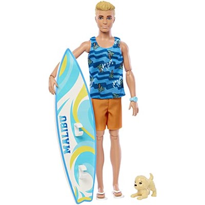 Barbie Sörf tahtası ile Ken bebek, Bükülebilir Sarışın Barbie, Havlu gibi Temaya Uygun Aksesuarlarıyla Ken Plaj Bebeği, HPT50