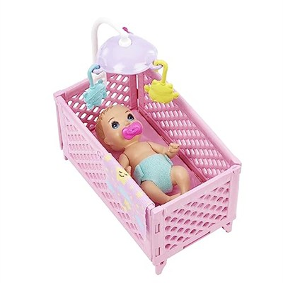 Barbie ve aksesuarları, Skipper bebek, uykulu bebek figürü ve beşikli oyun seti, mobilya ve temalı aksesuarlar, Bebek Bakıcısı, HJY33
