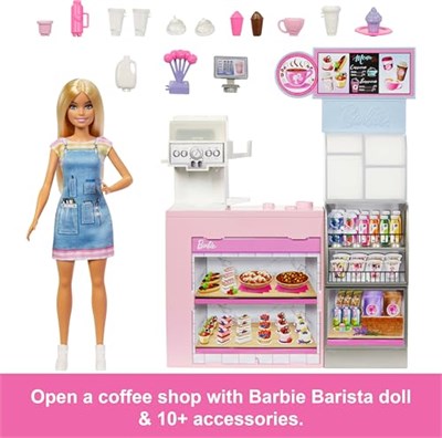 Barbienin Kahve Dükkanı Barbienin Kahve Dükkanı oyun seti sarışın barista Barbie, kahve makinesi ve 10dan fazla aksesuar HXN94