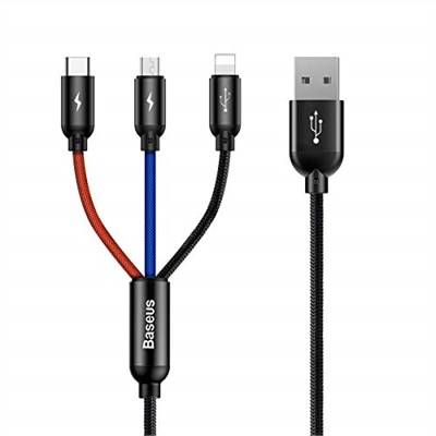 Baseus 3 in 1, Lightning için Şarj & Data Aktarım, Micro USB & USB-C için Şarj Kablosu, 0.3 Metre, Siyah - Seçenekler: 0.3 m, 1 m, 1.2 m, 2 m