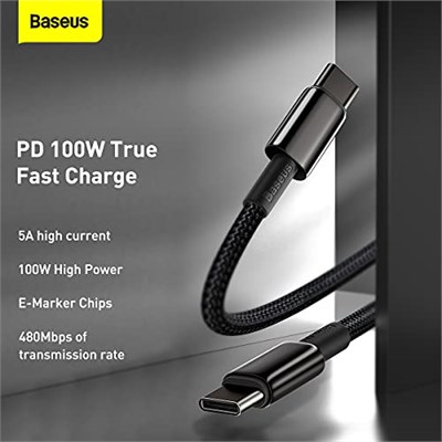 Baseus Tungsten Gold Hızlı Şarj Kablosu Type-C to Type-C 100W, 1m, Siyah
