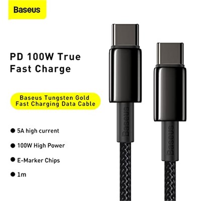 Baseus Tungsten Gold Hızlı Şarj Kablosu Type-C to Type-C 100W, 1m, Siyah