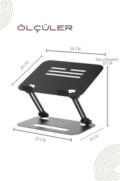 Basic 2 Tüm Modellerle Uyumlu Metal Kolay Ayarlanır Katlanabilir Siyah Laptop Standı Yükseltici Laptop Sehpası