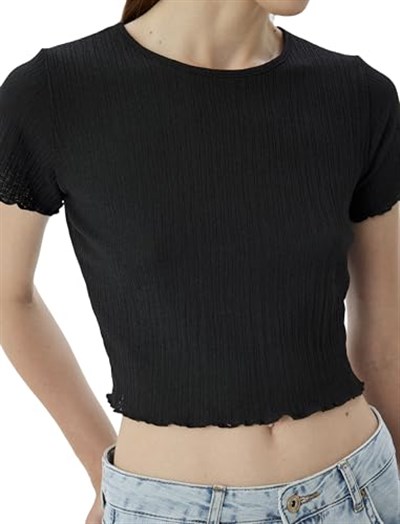 Basic Crop Tişört Kısa Kollu Bisiklet Yaka Slim Fit