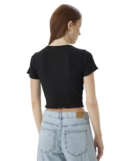 Basic Crop Tişört Kısa Kollu Bisiklet Yaka Slim Fit