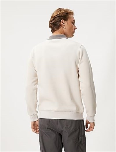 Basic Sweatshirt Polo Yaka Etiket Baskı Detaylı Ribanalı Şardonlu