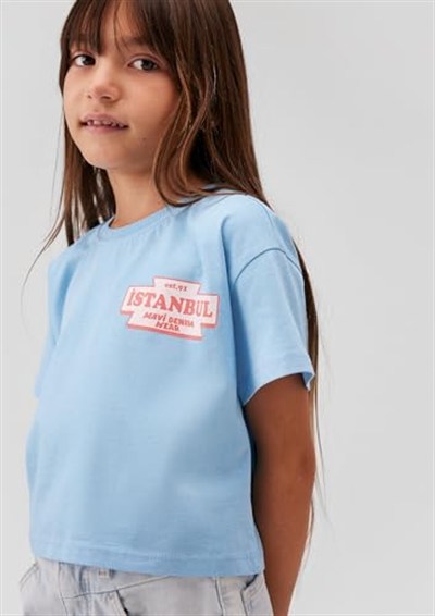 Baskılı Mavi Tişört Loose Fit/Bol Rahat Kesim 7610233-88134