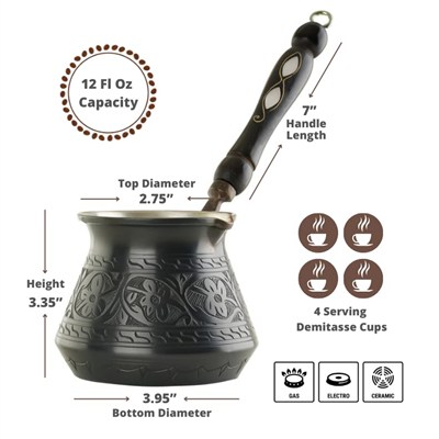 BCS 340 ml Bakır Türk Yunan Arap Kahve Demliği Ahşap Saplı (4 porsiyon) Cezve Ibrik Briki Ocak Üstü Kahve Makinesi (Ahşap Kaşık Dahil)