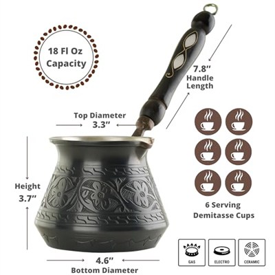 BCS 500 ml X-Large Bakır Türk Yunan Arap Kahve Demliği Ahşap Saplı (6 porsiyon) Cezve Briki Ibrik Ocak Üstü Kahve Makinesi (Ahşap Kaşık Dahil)