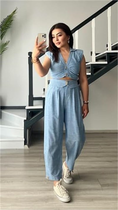 Bebe Mavi Omuz Vatka Detaylı Crop Bluz - Pantolon Takım - Bedenler: S, M