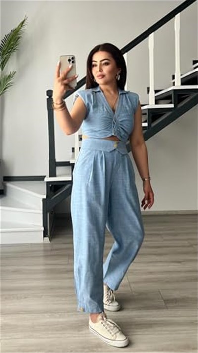 Bebe Mavi Omuz Vatka Detaylı Crop Bluz - Pantolon Takım - Bedenler: S, M