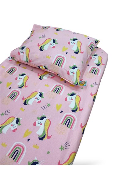 Bebek Özel%100 Pamuk Bebek ve Çocuk Lastikli Çarşaf ve Yastık Kılıfı Seti, 90x180 cm, Pembe, Unicorn Desen