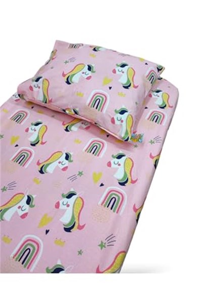 Bebek Özel%100 Pamuk Bebek ve Çocuk Lastikli Çarşaf ve Yastık Kılıfı Seti, 90x180 cm, Pembe, Unicorn Desen