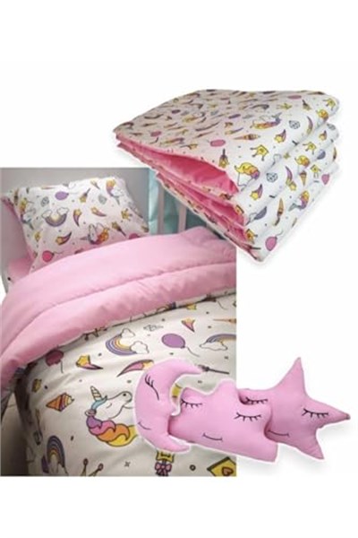 Bebek Özel%100 Pamuklu 80x180 Montessori Çocuk Uyku Seti, Beyaz Unicorn Pembe, 10 Parça, Yorganlı