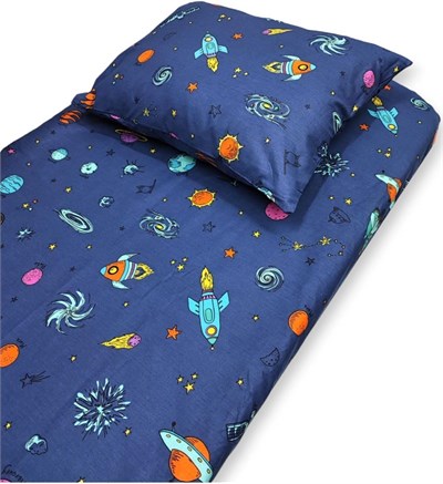 Bebek Özel%100 Pamuklu Bebek Çocuk Lastikli Çarşaf ve Yastık Kılıfı Seti, 50x90 cm, Lacivert Uzay