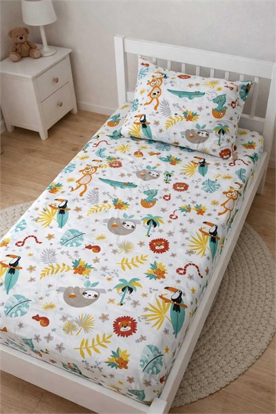 Bebek Özel%100 Pamuklu Bebek Çocuk Lastikli Çarşaf ve Yastık Kılıfı 70x100 cm, Yeni Beyaz Orman