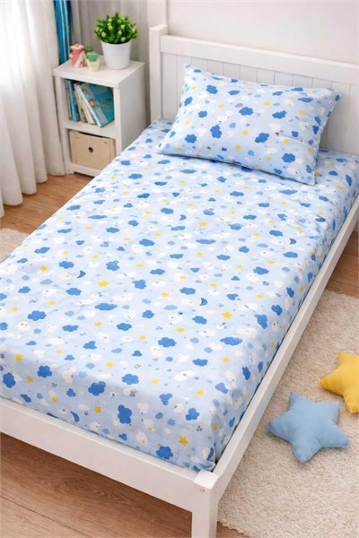 Bebek Özel%100 Pamuklu Bebek Çocuk Lastikli Çarşaf ve Yastık Kılıfı 50x90 cm, Mavi Ay Bulutlu
