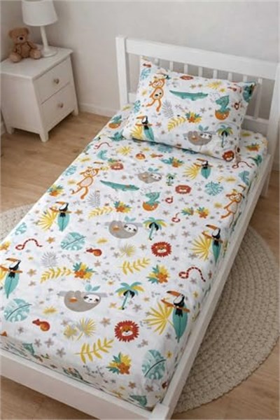 Bebek Özel%100 Pamuklu Bebek Çocuk Lastikli Çarşaf ve Yastık Kılıfı Seti, 70x130 cm, Yeni Beyaz Orman