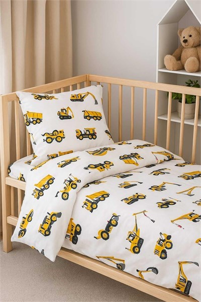 Bebek Özel%100 Pamuklu Çocuk 50x90 Anne Yanı Yastık Çarşaf Yorgan Seti Iş Makinası Kepçeli
